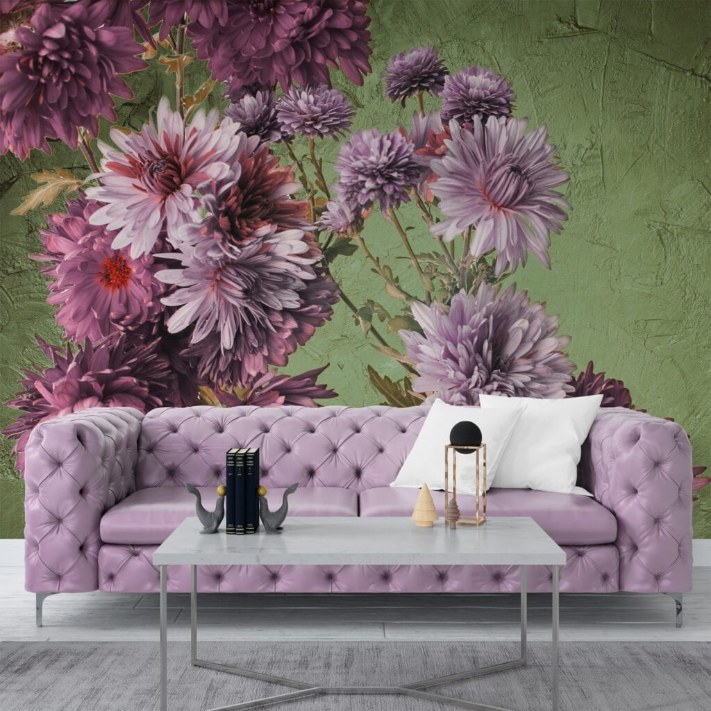 Majestic Purple Flowers on Green Background Wallpaper, Peel and Stick Self Adhesive Removable Wall Mural, Perfect for a Statement Wall