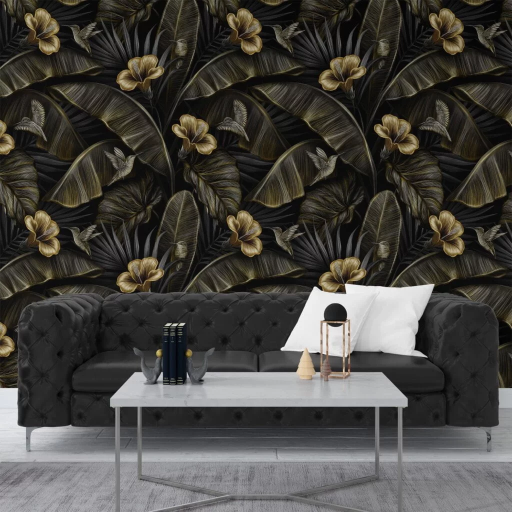 Golden Blooms and Dark Leaves Wallpaper, Botanical Self Adhesive Wall Mural with a Bold and Dramatic Look