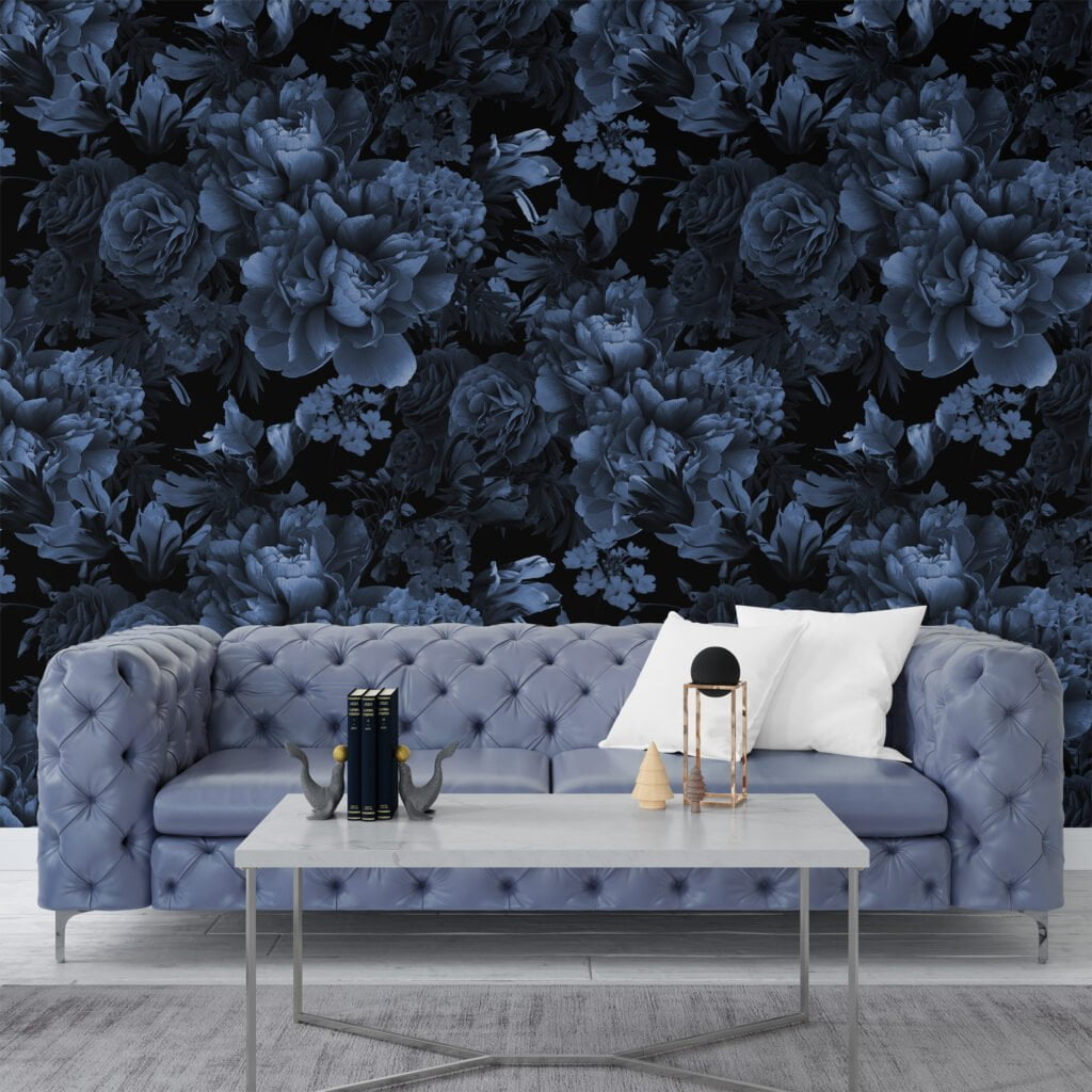 Dark Blue Flower Bouquet Wallpaper, Removable Peel and Stick Floral Wall Mural, Self Adhesive Wallpaper for Living Room and Bedroom Decor