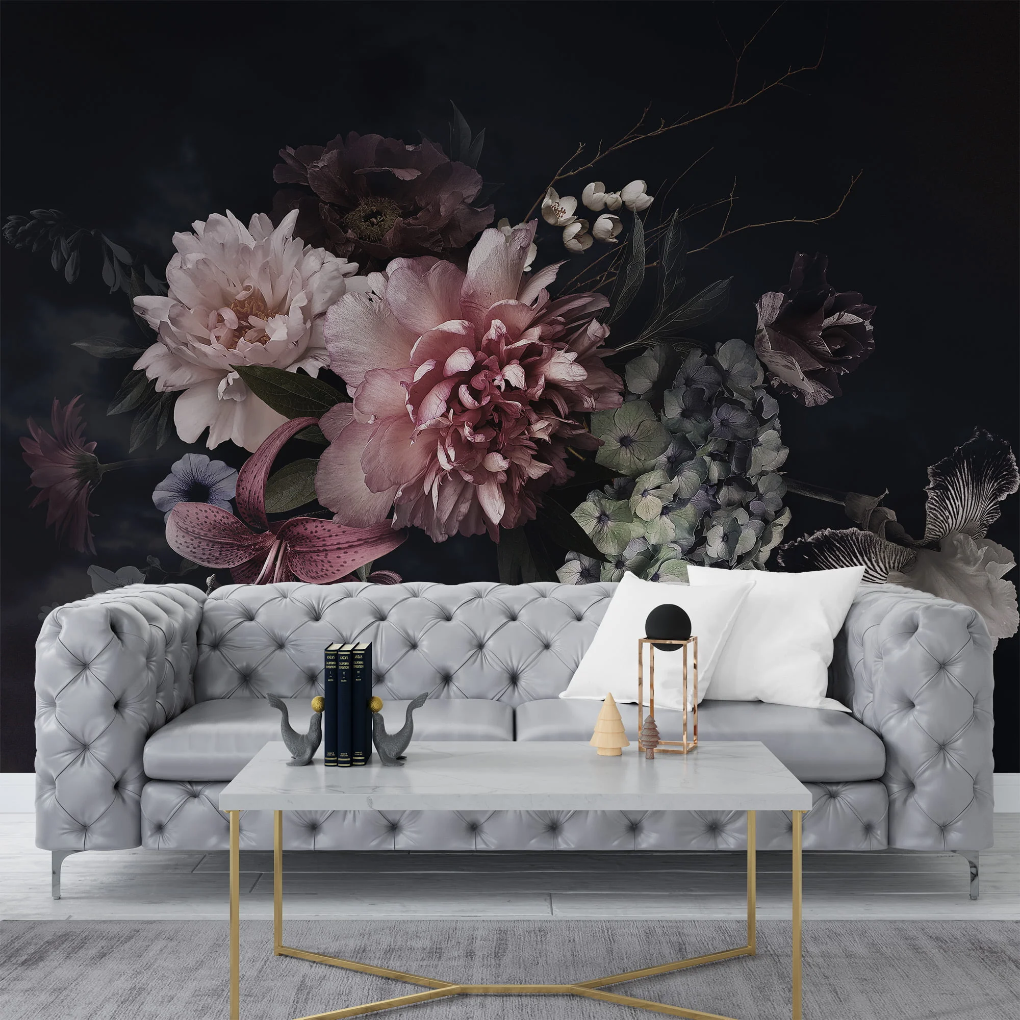 Pink Flowers With Dark Background Wallpaper, Romantic and Moody Peel and Stick Wall Mural, Self Adhesive Removable Wallpaper for a Glamorous and Luxe Bedroom