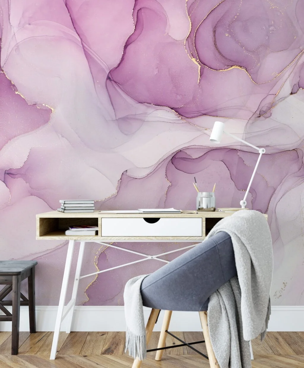 Marble Texture Wallpaper with Pink, Purple and Gold Veins - Self-Adhesive Peel & Stick Removable Wallpaper for Luxe Interiors