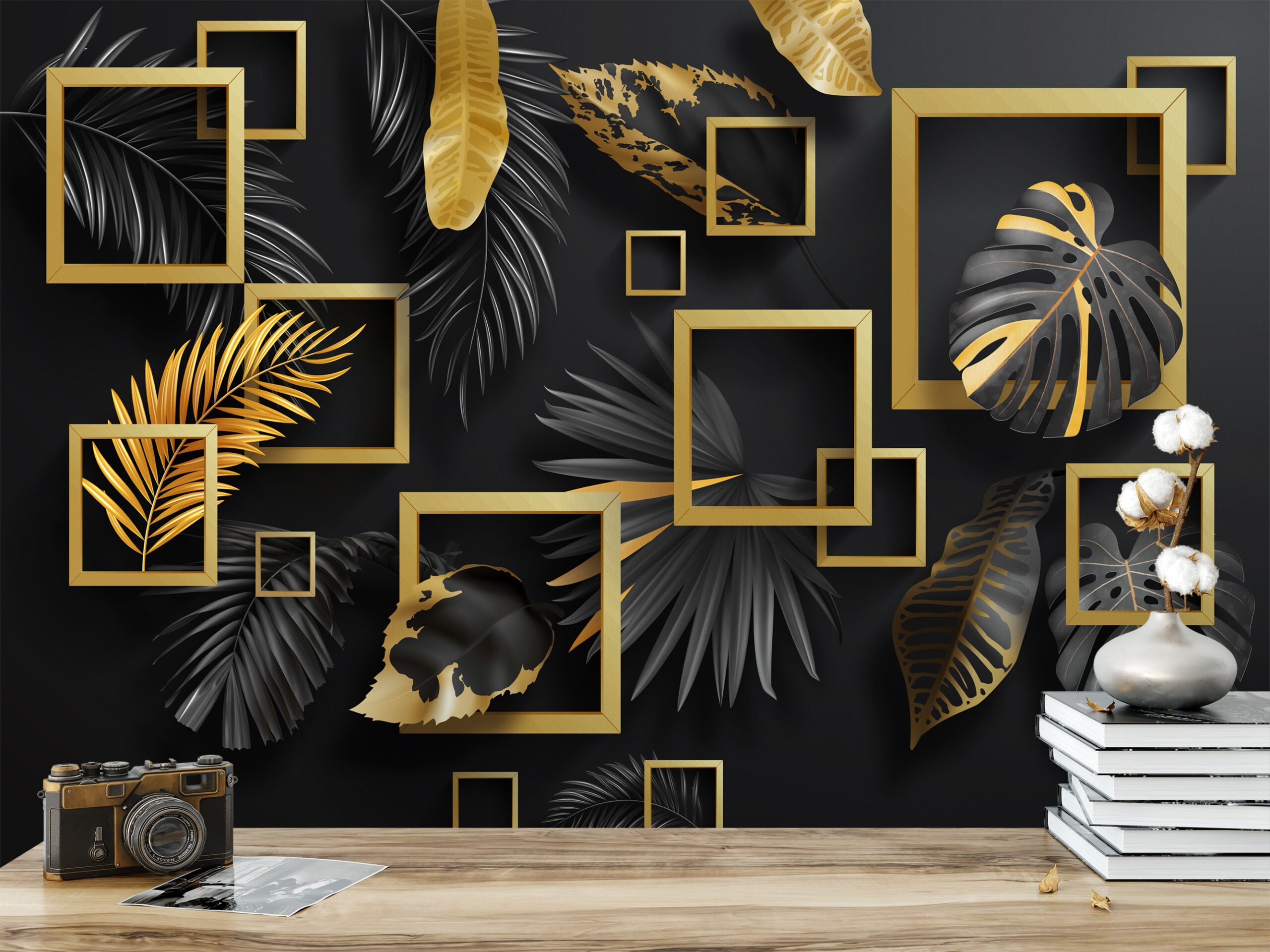 Geometric Black And Gold Leaves Wallpaper, Bold and Elegant Peel and Stick  Wall Mural, Self Adhesive Removable Wallpaper for Modern Home Decor