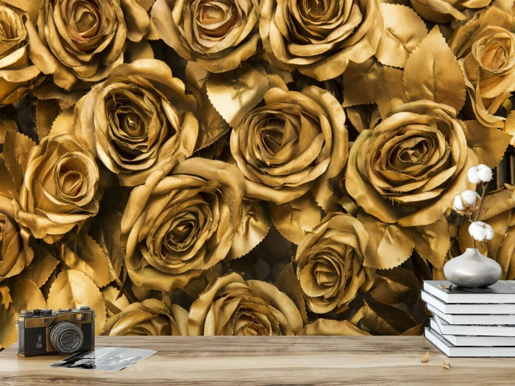 Large Golden Roses Wallpaper, Elegant and Luxurious Peel and Stick Wall Mural, Self Adhesive Removable Wallpaper for a Glamorous Accent Wall