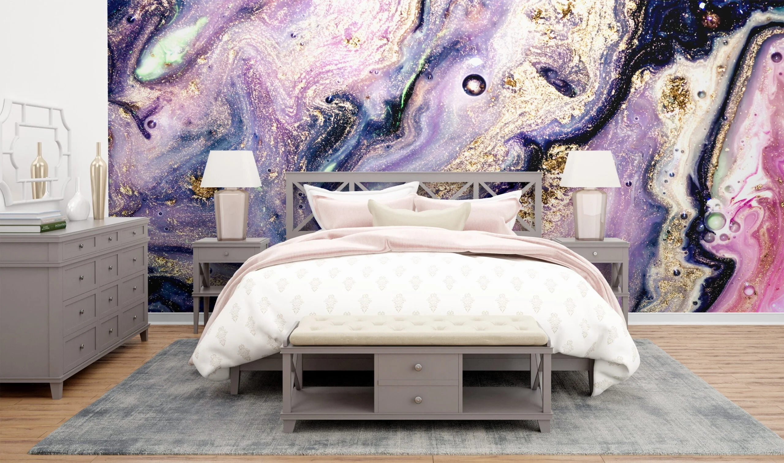 Grunge Purple and Gold Ink Wallpaper - Distressed Liquid Wall Covering with Black Background