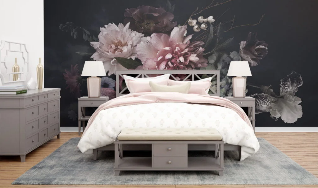 Pink Flowers With Dark Background Wallpaper, Romantic and Moody Peel and Stick Wall Mural, Self Adhesive Removable Wallpaper for a Glamorous and Luxe Bedroom