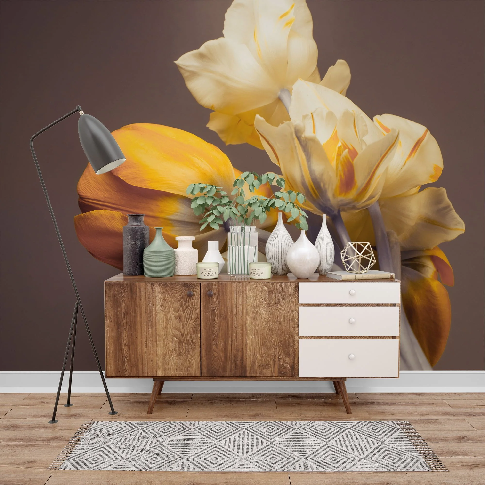 Tulip Fields in Orange and Cream Wallpaper, Floral Peel and Stick Wall Mural, Self Adhesive Removable Wallpaper for Living Room