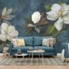 Large White Magnolia Flowers on Green Leafy Background Wallpaper, Peel and Stick Self Adhesive Removable Wall Mural, Nature-Themed Floral Print