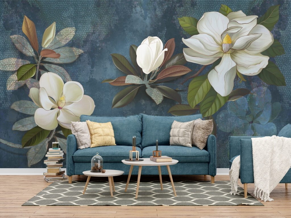 Large White Magnolia Flowers on Green Leafy Background Wallpaper, Peel and Stick Self Adhesive Removable Wall Mural, Nature-Themed Floral Print