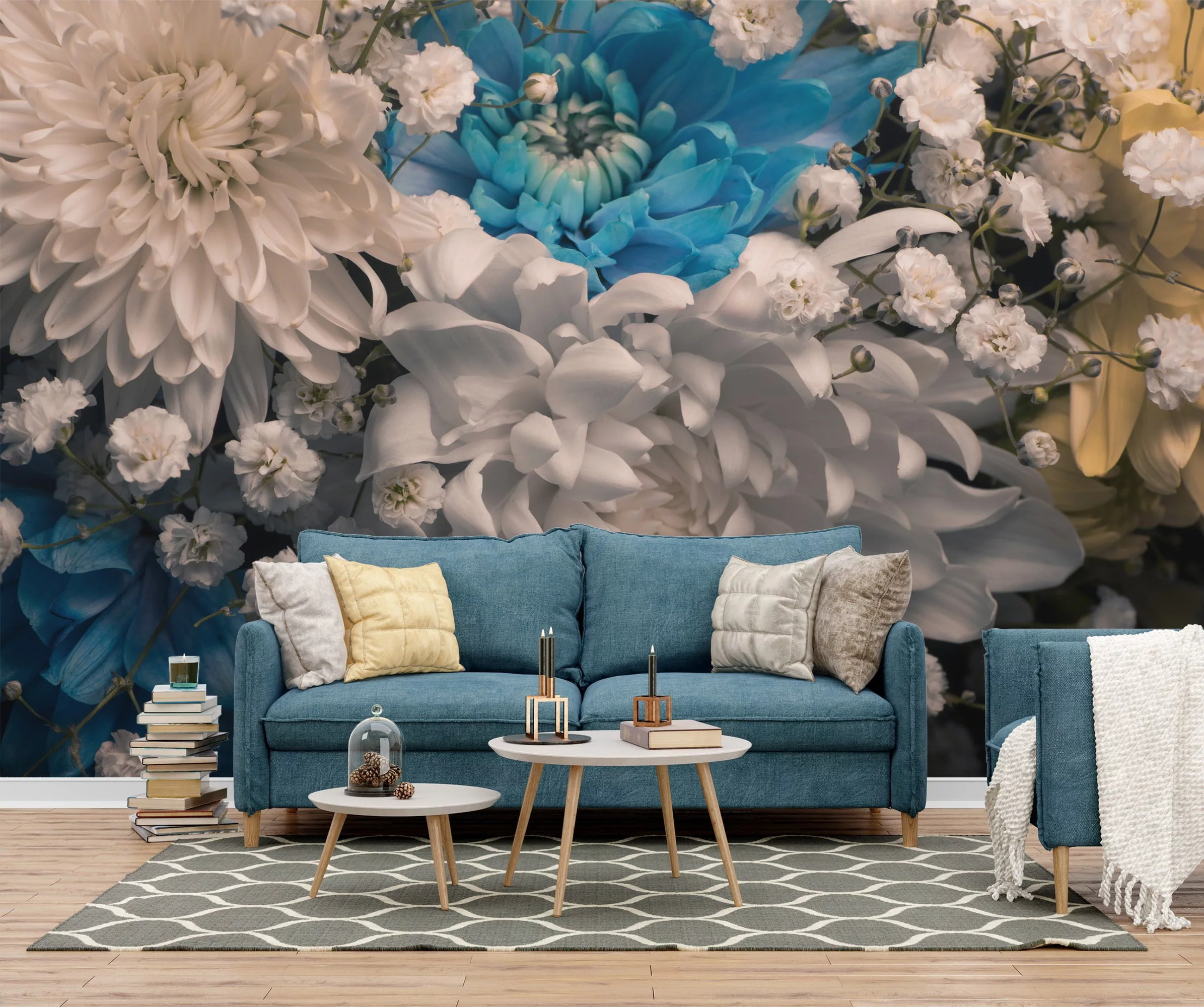 Minimalist White and Blue Chrysanthemum Flowers Wallpaper, Simple Peel and Stick Self Adhesive Wall Decoration, Removable Wall Mural for Bedroom