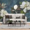 Large White Magnolia Flowers on Green Leafy Background Wallpaper, Peel and Stick Self Adhesive Removable Wall Mural, Nature-Themed Floral Print