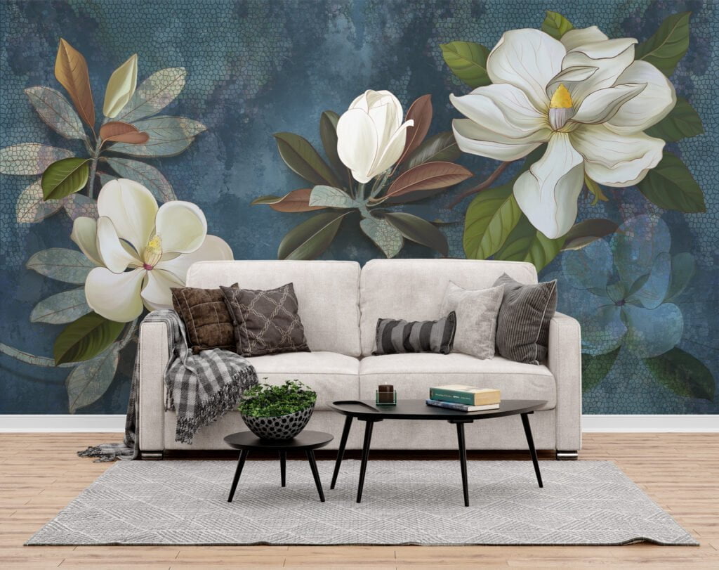 Large White Magnolia Flowers on Green Leafy Background Wallpaper, Peel and Stick Self Adhesive Removable Wall Mural, Nature-Themed Floral Print