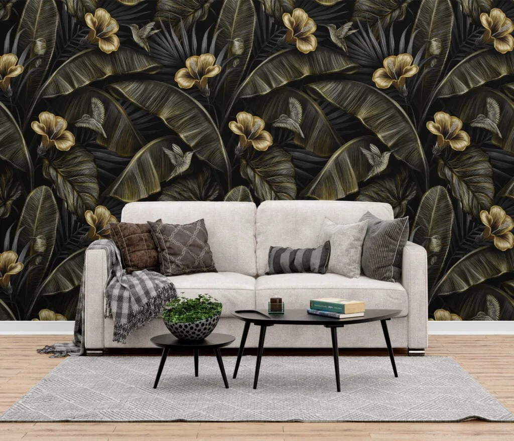 Golden Blooms and Dark Leaves Wallpaper, Botanical Self Adhesive Wall Mural with a Bold and Dramatic Look