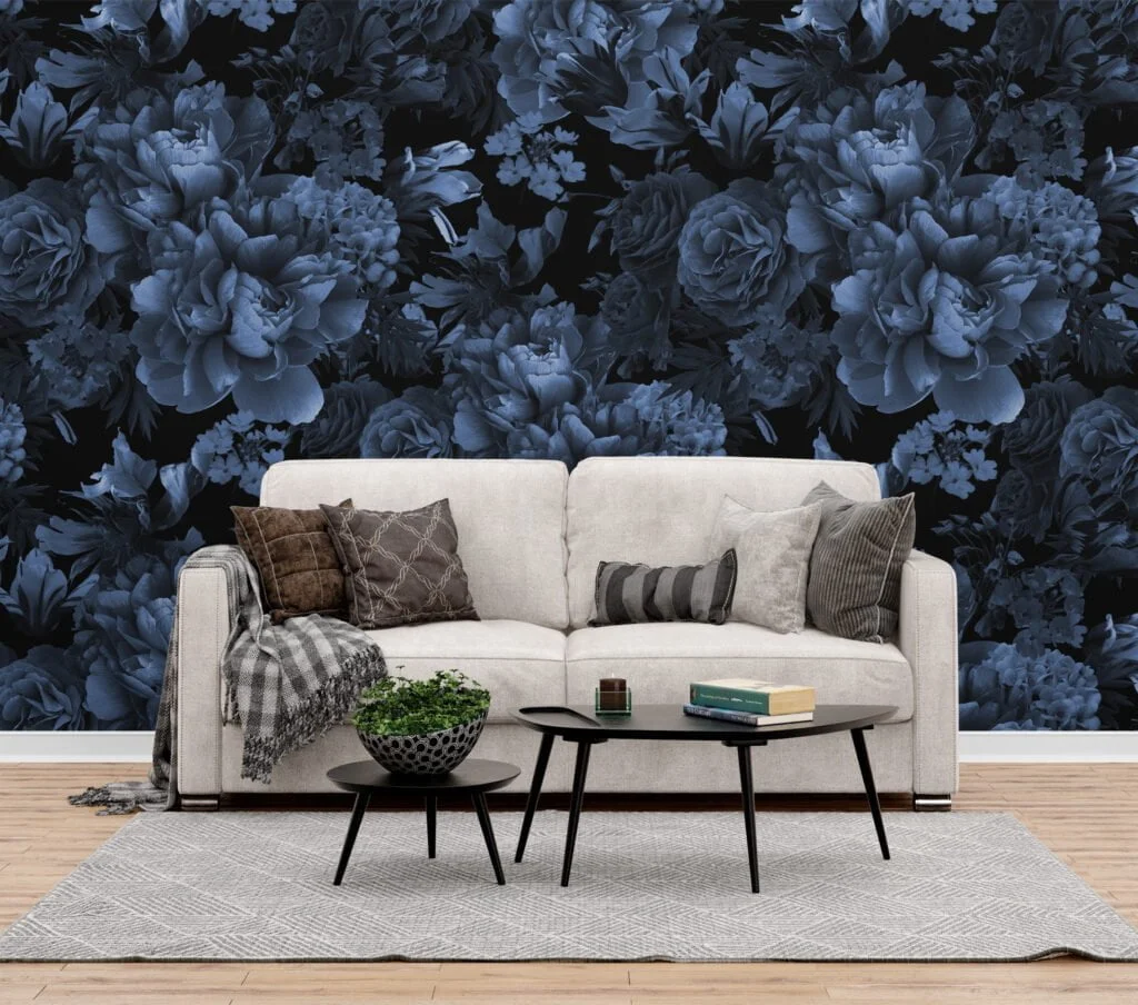 Dark Blue Flower Bouquet Wallpaper, Removable Peel and Stick Floral Wall Mural, Self Adhesive Wallpaper for Living Room and Bedroom Decor