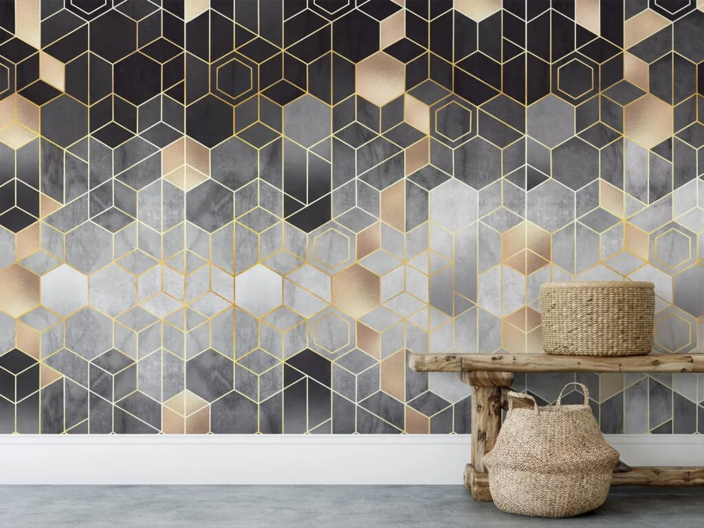 Geometric Black and Gold Hexagon Wallpaper - A Sophisticated Addition to Your Living Room, Bedroom, Bathroom, and Office Walls