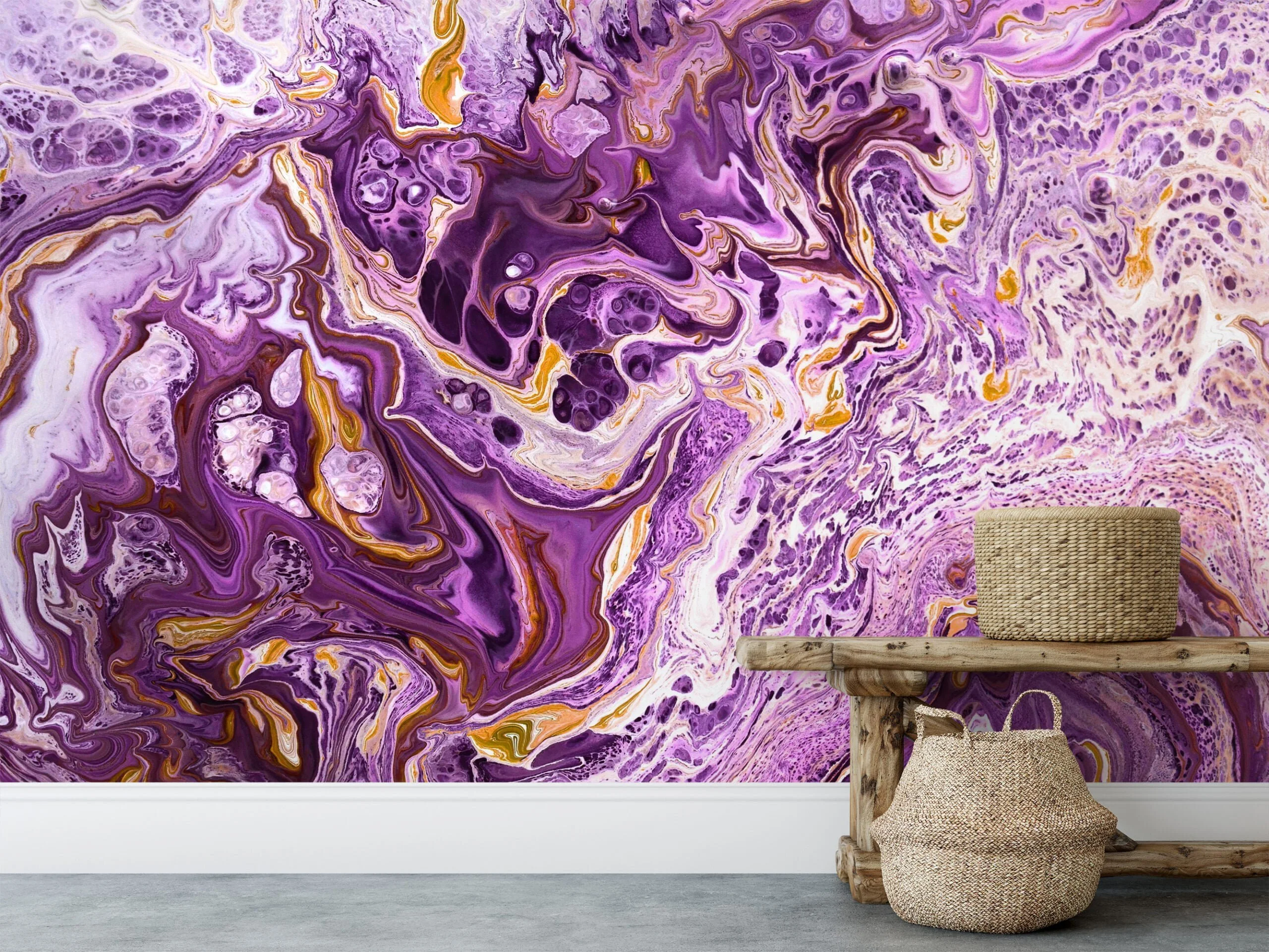 Purple and Gold Marble Wallpaper - Elegant Ink Splash Wall Covering for Stylish Room