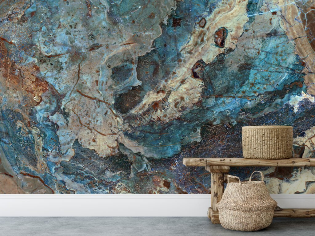 Stone Marble Texture Removable Wallpaper with Turquoise and Brown - Easy to Install Peel & Stick Mural