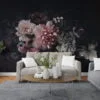 Pink Flowers With Dark Background Wallpaper, Romantic and Moody Peel and Stick Wall Mural, Self Adhesive Removable Wallpaper for a Glamorous and Luxe Bedroom