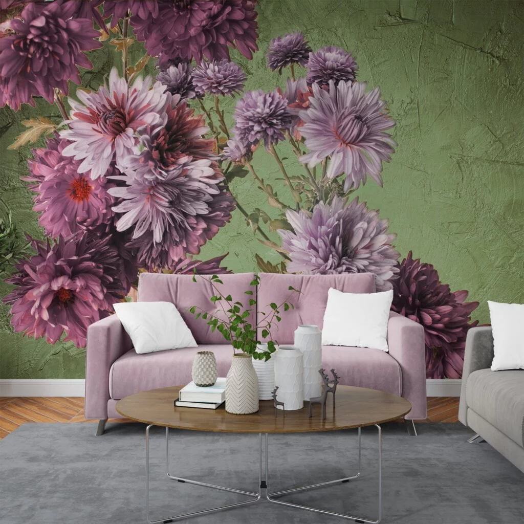 Majestic Purple Flowers on Green Background Wallpaper, Peel and Stick Self Adhesive Removable Wall Mural, Perfect for a Statement Wall