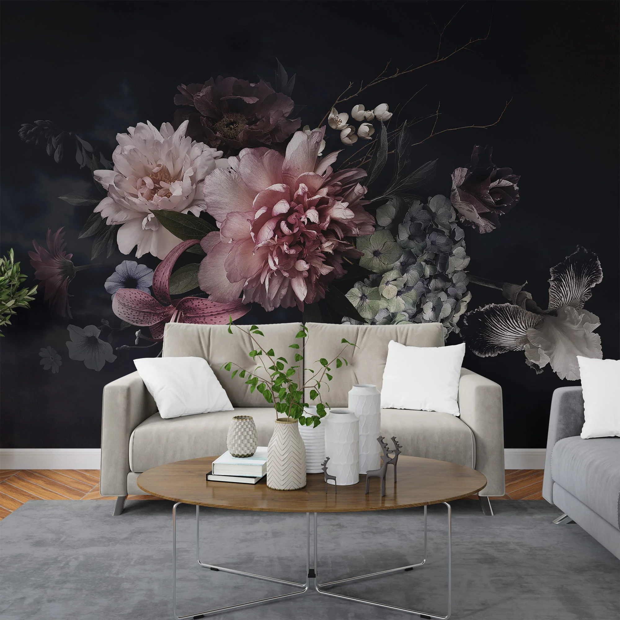 Pink Flowers With Dark Background Wallpaper, Romantic and Moody Peel and Stick Wall Mural, Self Adhesive Removable Wallpaper for a Glamorous and Luxe Bedroom