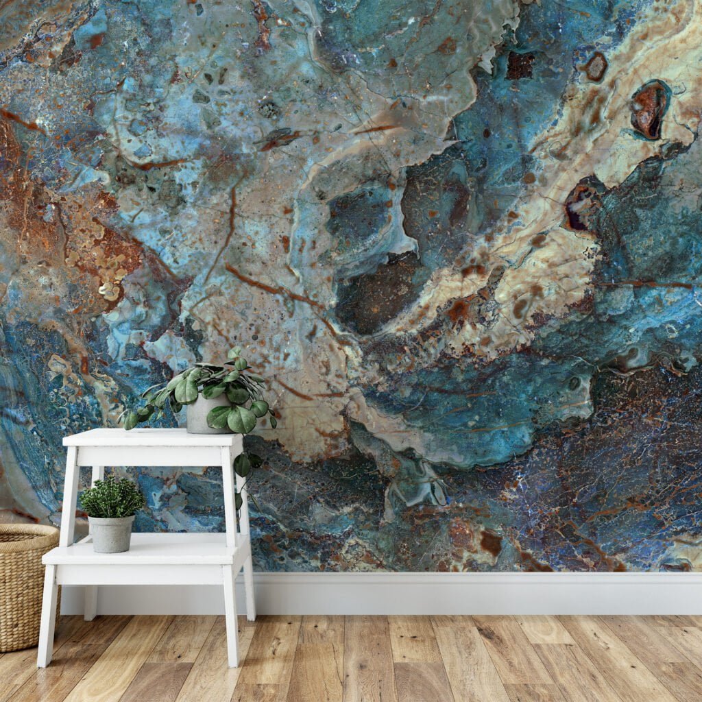 Stone Marble Texture Removable Wallpaper with Turquoise and Brown - Easy to Install Peel & Stick Mural