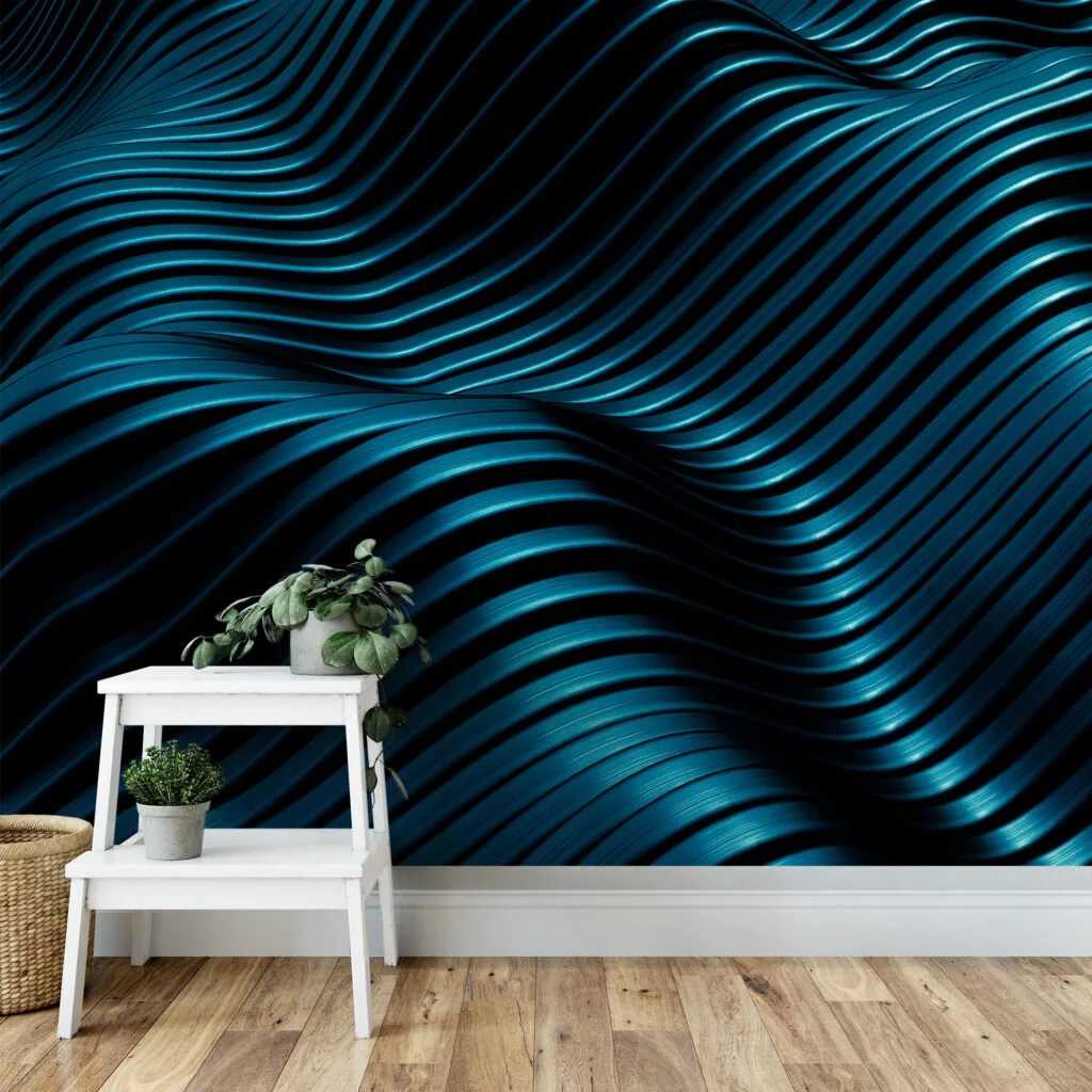 Self-Adhesive Dark Turquoise Waves Wallpaper, Customizable Mural for Any Space, Removable