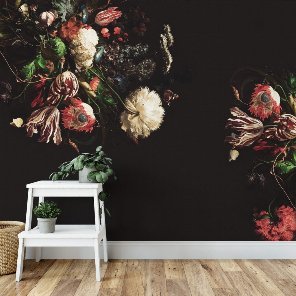 Elegant Vintage Bouquet on Dark Background Wallpaper, Peel and Stick Self Adhesive Removable Wall Mural, Retro Floral Pattern