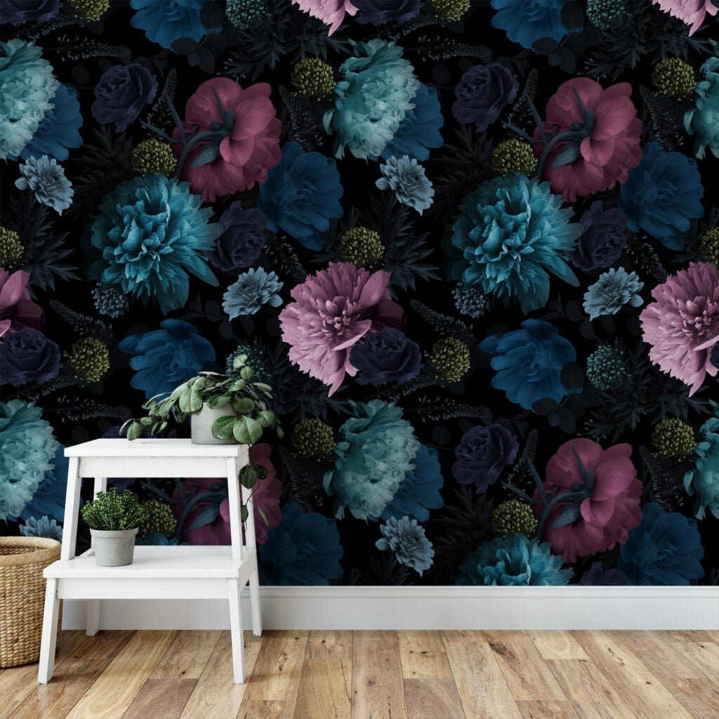 Turquoise and Pink Floral Peel and Stick Wallpaper, Self Adhesive Removable Wall Mural for Living Room, Bedroom, or Bathroom