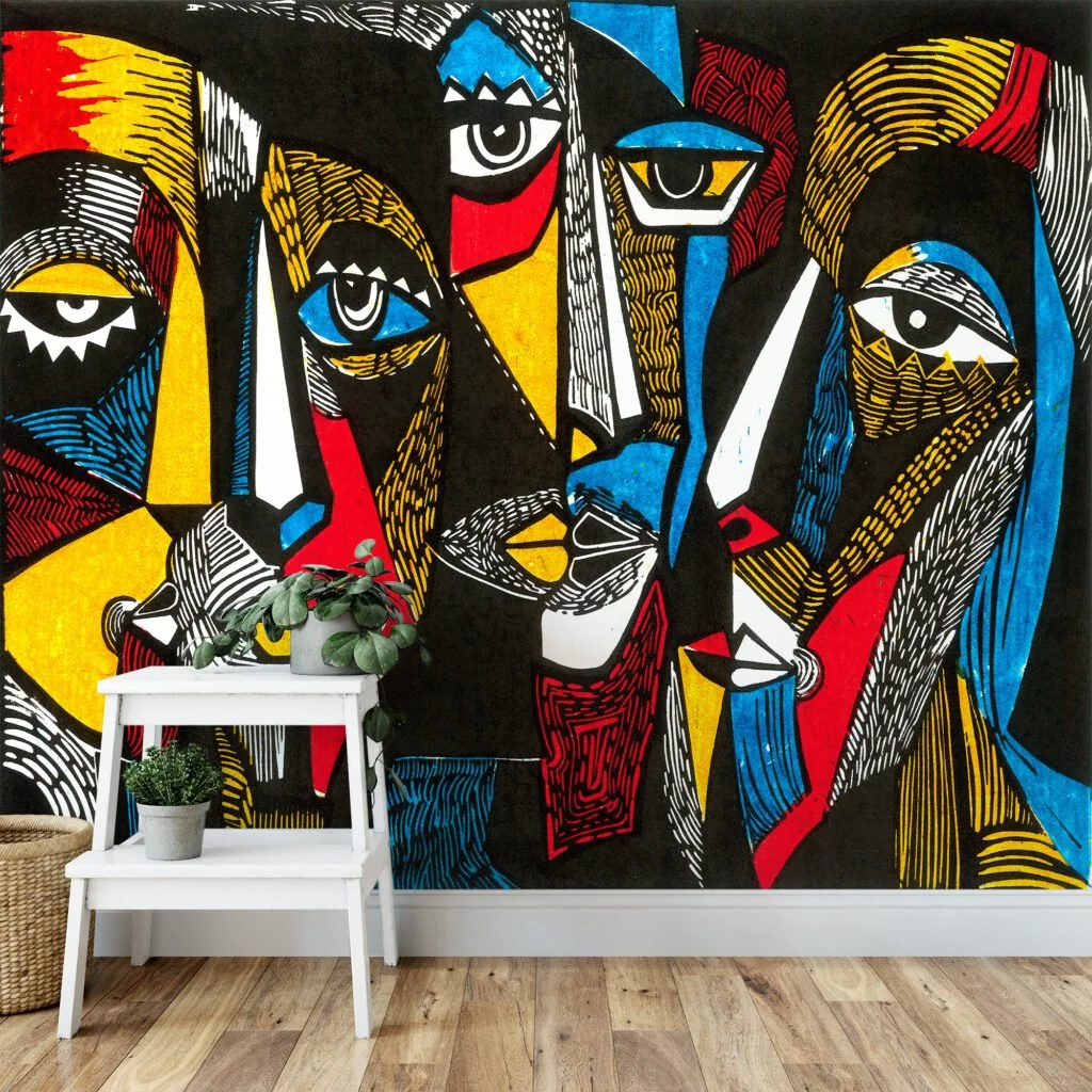Colorful Surreal Faces Painting Wallpaper, Unique and Eye-catching Self Adhesive Wall Art, Peel and Stick Removable Wall Mural