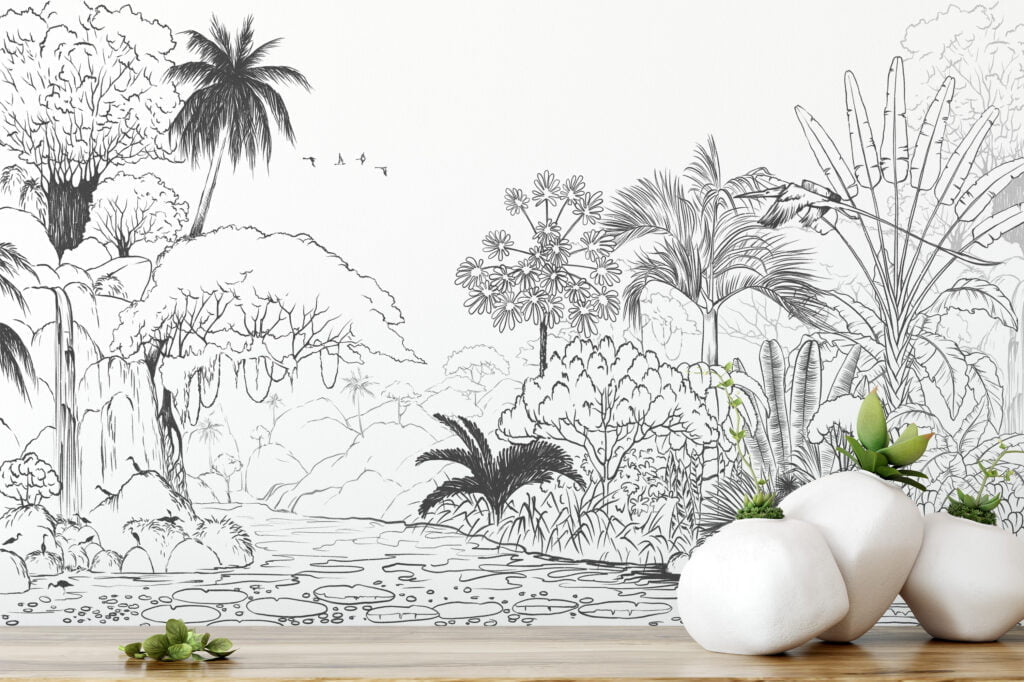 Jungle with Palm Trees Line Art Wallpaper, Hand-drawn and Chic Self Adhesive Wall Mural, Peel and Stick Removable Wallpaper for Nature-lovers