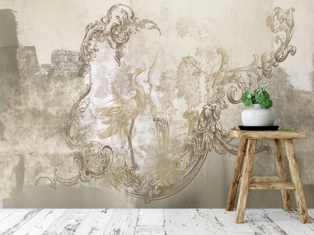 Vintage Style Wallpaper with Storks, Peel and Stick Self Adhesive Wall Mural, Classic Traditional Removable Wallpaper