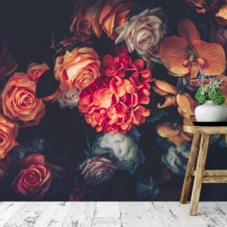 Flower Bouquet with Dark Background Wallpaper, Bold and Striking Peel and Stick Wall Mural, Self Adhesive Removable Wallpaper for a Sophisticated Statement Wall