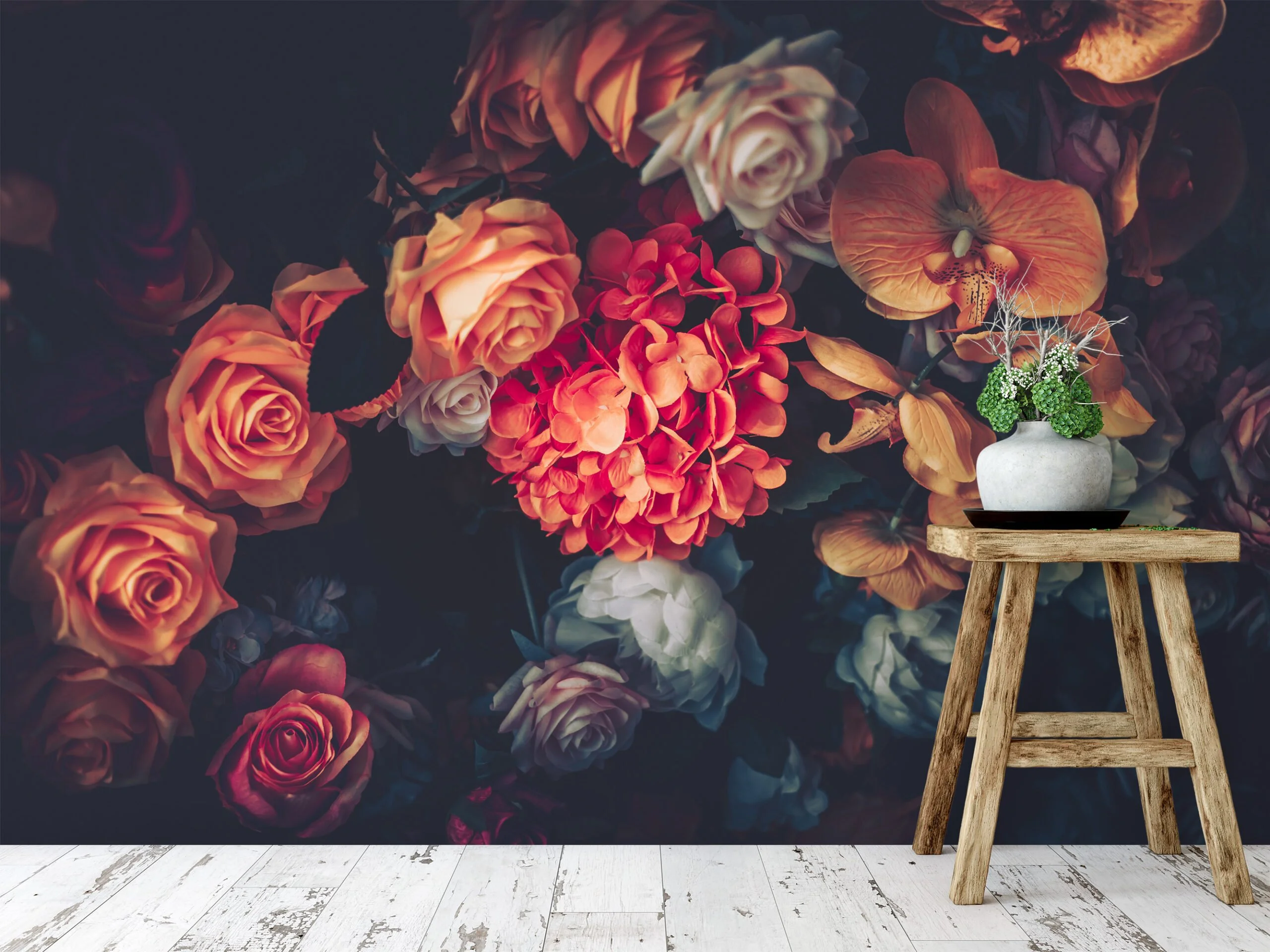 Flower Bouquet with Dark Background Wallpaper, Bold and Striking Peel and Stick Wall Mural, Self Adhesive Removable Wallpaper for a Sophisticated Statement Wall