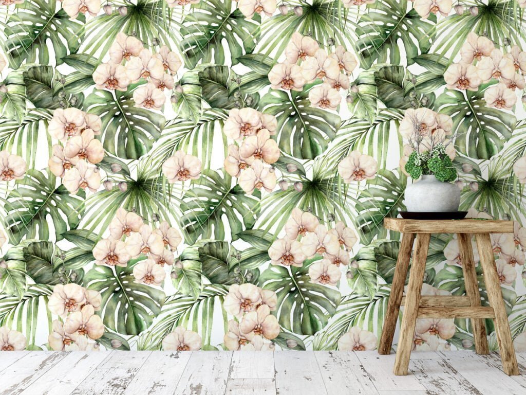 Tropical Paradise Palm Leaves and Orchids Painting Wallpaper, Peel and Stick Self Adhesive Removable Wall Mural, Perfect for a Relaxing Oasis