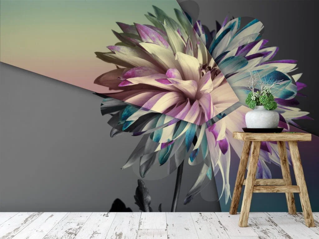 Sophisticated Abstract Flower Wallpaper on Grey Background, Modern Self Adhesive Wall Mural for Bedrooms