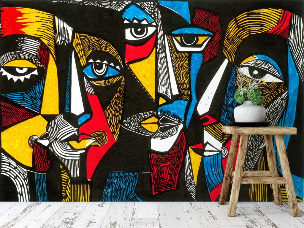 Colorful Surreal Faces Painting Wallpaper, Unique and Eye-catching Self Adhesive Wall Art, Peel and Stick Removable Wall Mural