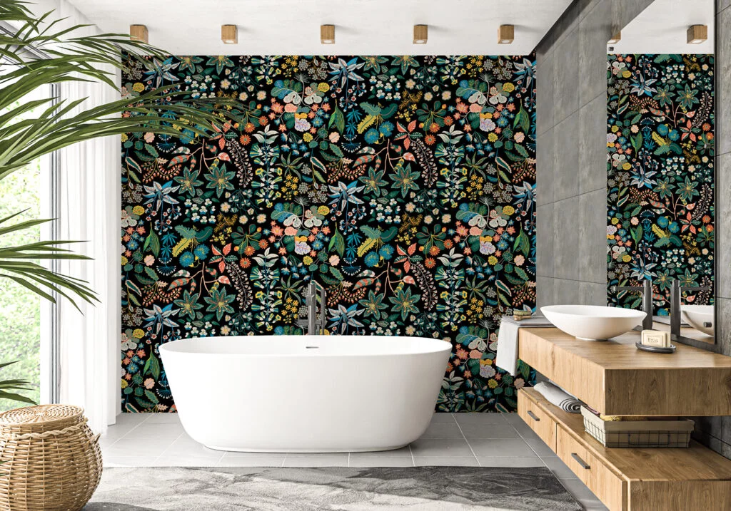 Elegant Flat Style Floral Pattern on Dark Background Wallcovering for a Bold Statement