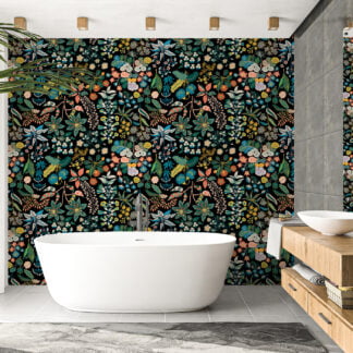 Elegant Flat Style Floral Pattern on Dark Background Wallcovering for a Bold Statement