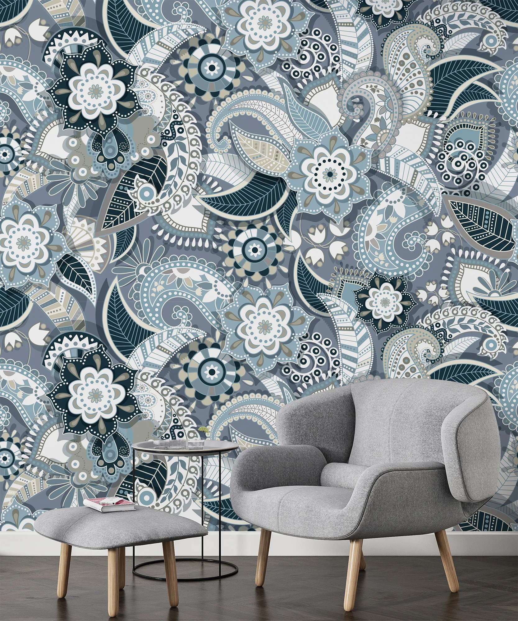 Cool Toned Grey Background Wallpaper with Delicate Floral Illustration for a Sleek and Modern Decor