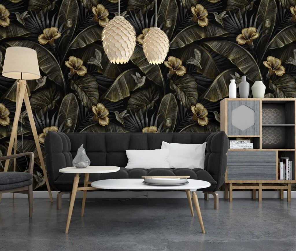 Golden Blooms and Dark Leaves Wallpaper, Botanical Self Adhesive Wall Mural with a Bold and Dramatic Look