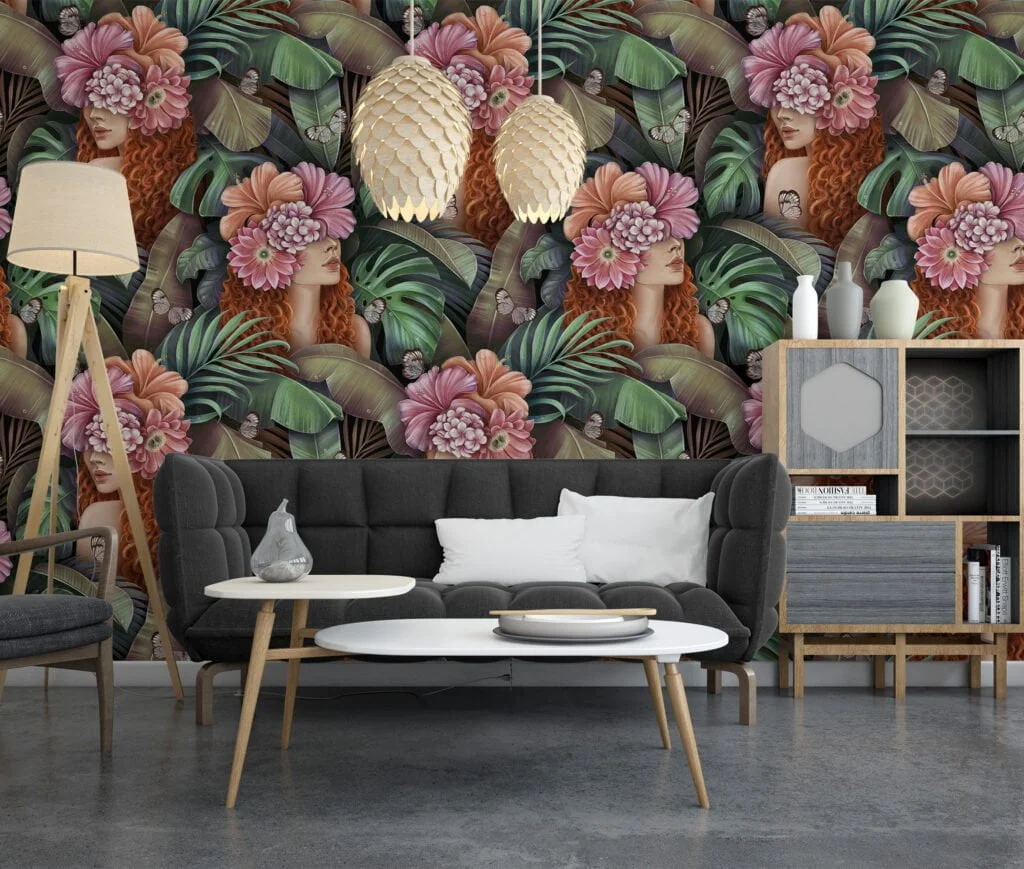 Botanical Covered Faces With Butterflies Self Adhesive Peel and Stick Wallpaper, Removable Floral Wall Mural for Living Room or Bedroom Decoration