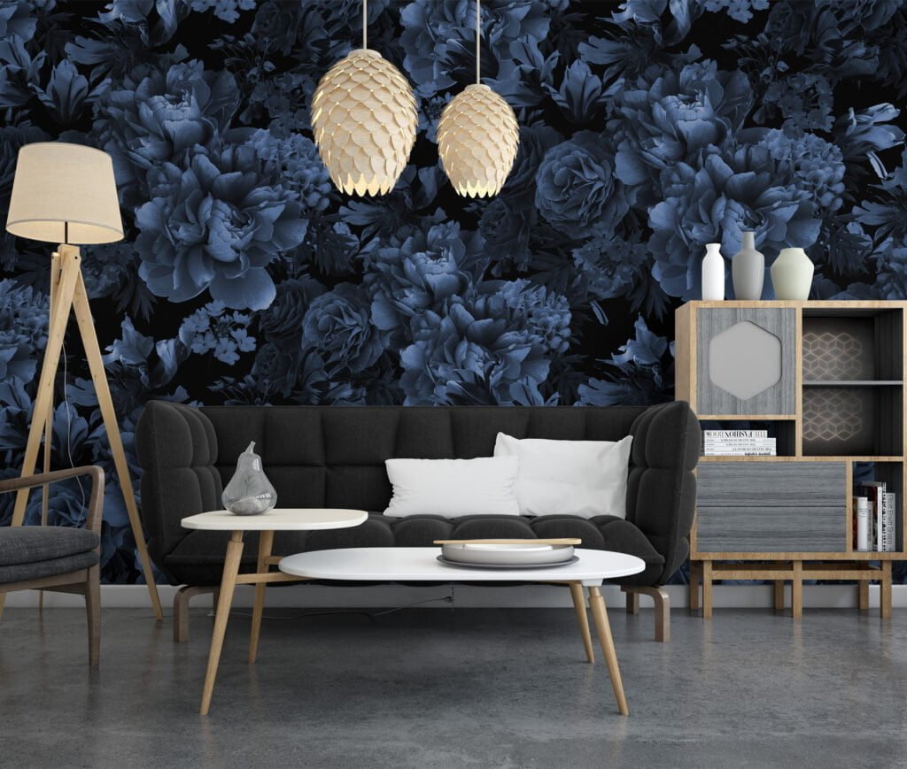 Dark Blue Flower Bouquet Wallpaper, Removable Peel and Stick Floral Wall Mural, Self Adhesive Wallpaper for Living Room and Bedroom Decor