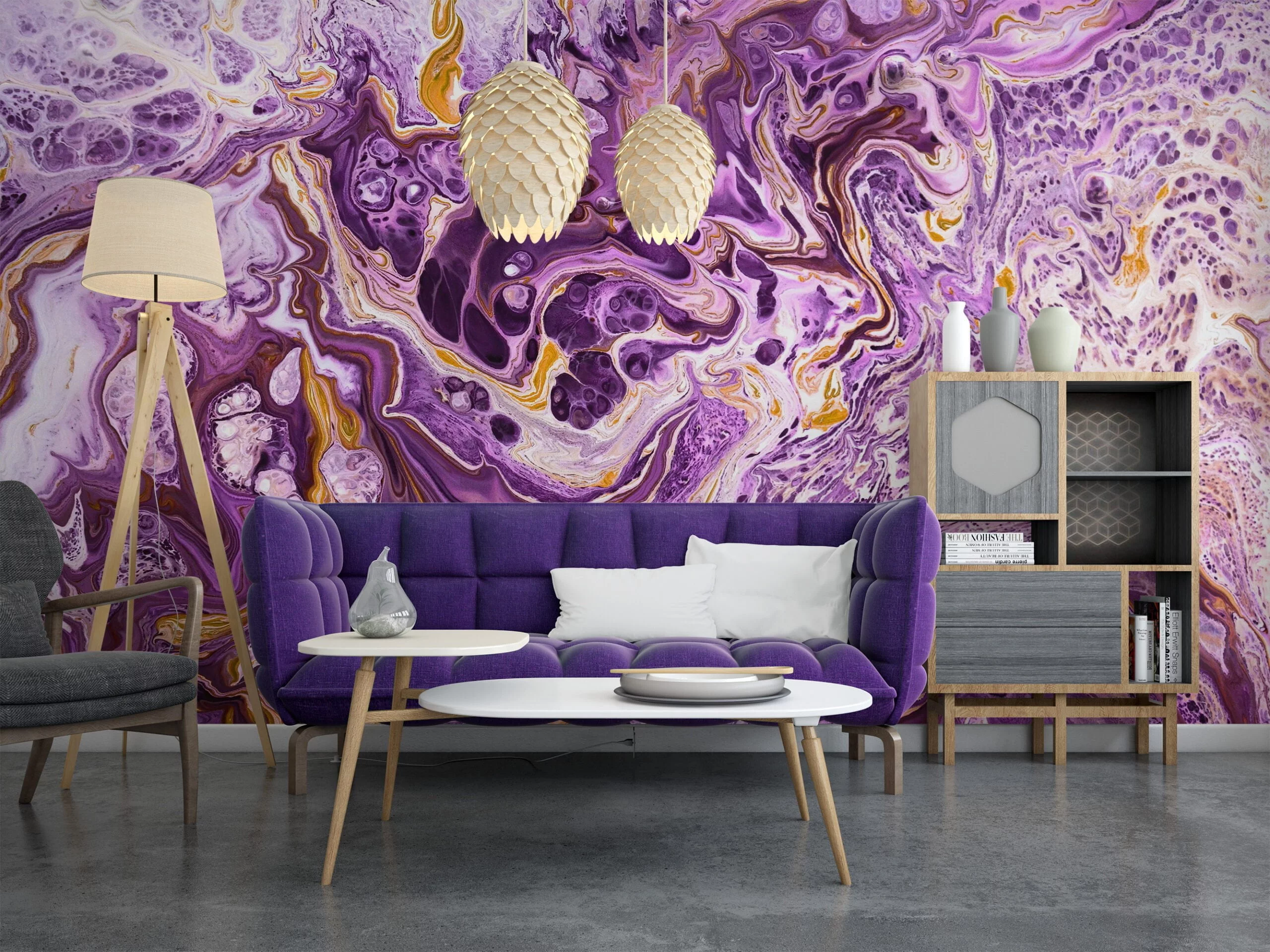 Purple and Gold Marble Wallpaper - Elegant Ink Splash Wall Covering for Stylish Room