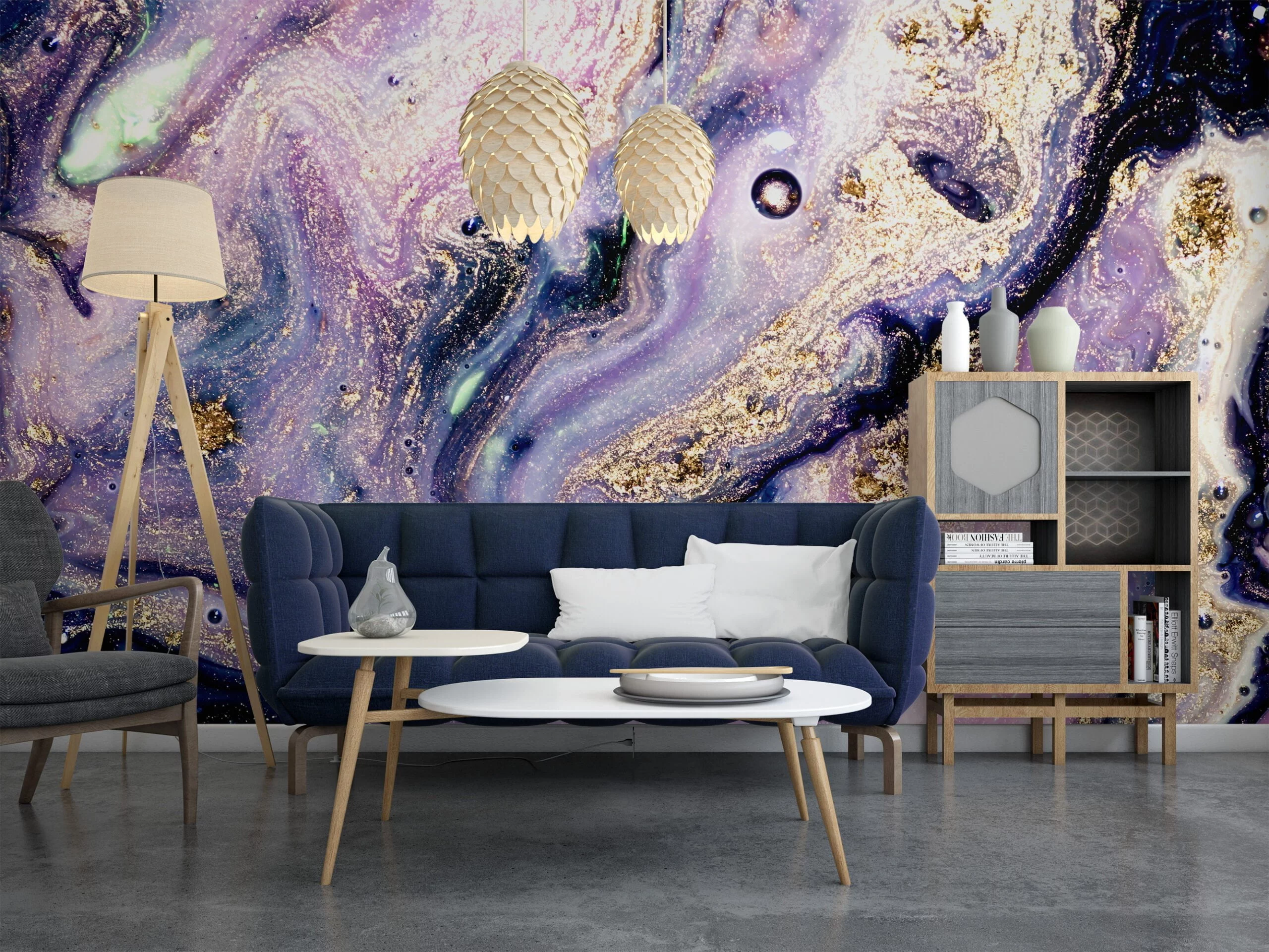 Grunge Purple and Gold Ink Wallpaper - Distressed Liquid Wall Covering with Black Background