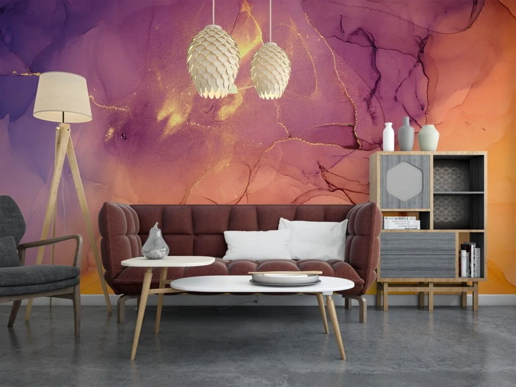 Abstract Orange and Purple Ink Art Wallpaper - Peel and Stick, Easy to Apply and Ideal for Modern Interiors