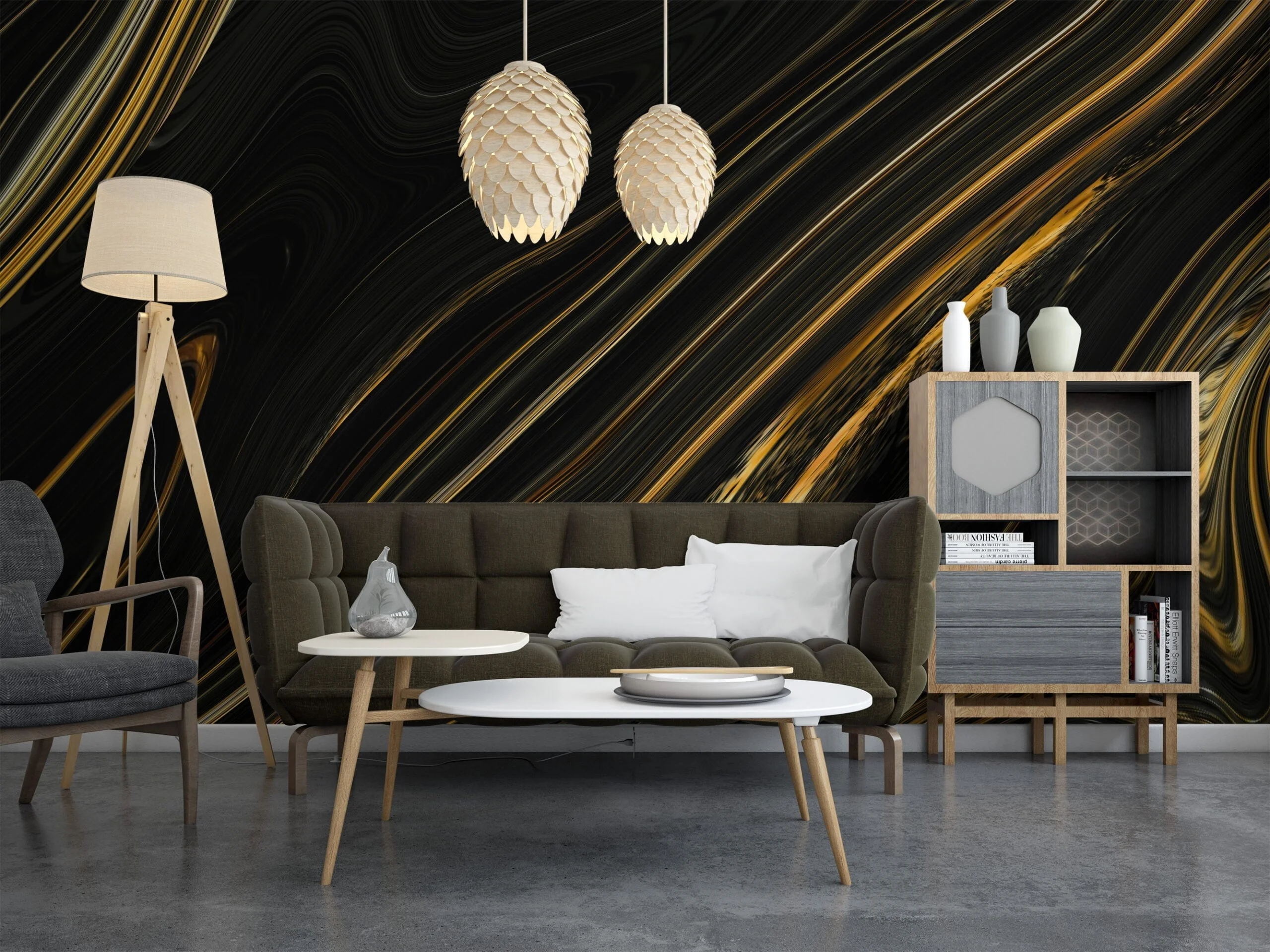 Contemporary Black and Gold Fluid Abstract Wallpaper for a Modern and Stylish Look