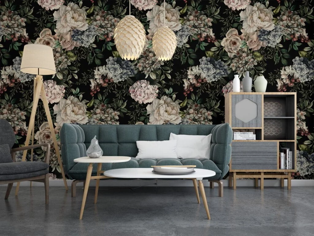 Modern Dark Themed Flowers and Leaves Wallpaper, Peel and Stick Self Adhesive Removable Wall Mural, Abstract Botanical Pattern for Living Room Decor