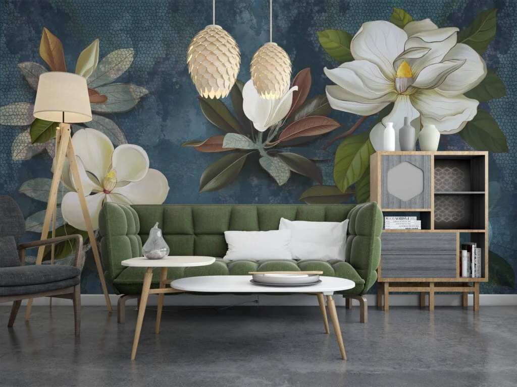 Large White Magnolia Flowers on Green Leafy Background Wallpaper, Peel and Stick Self Adhesive Removable Wall Mural, Nature-Themed Floral Print