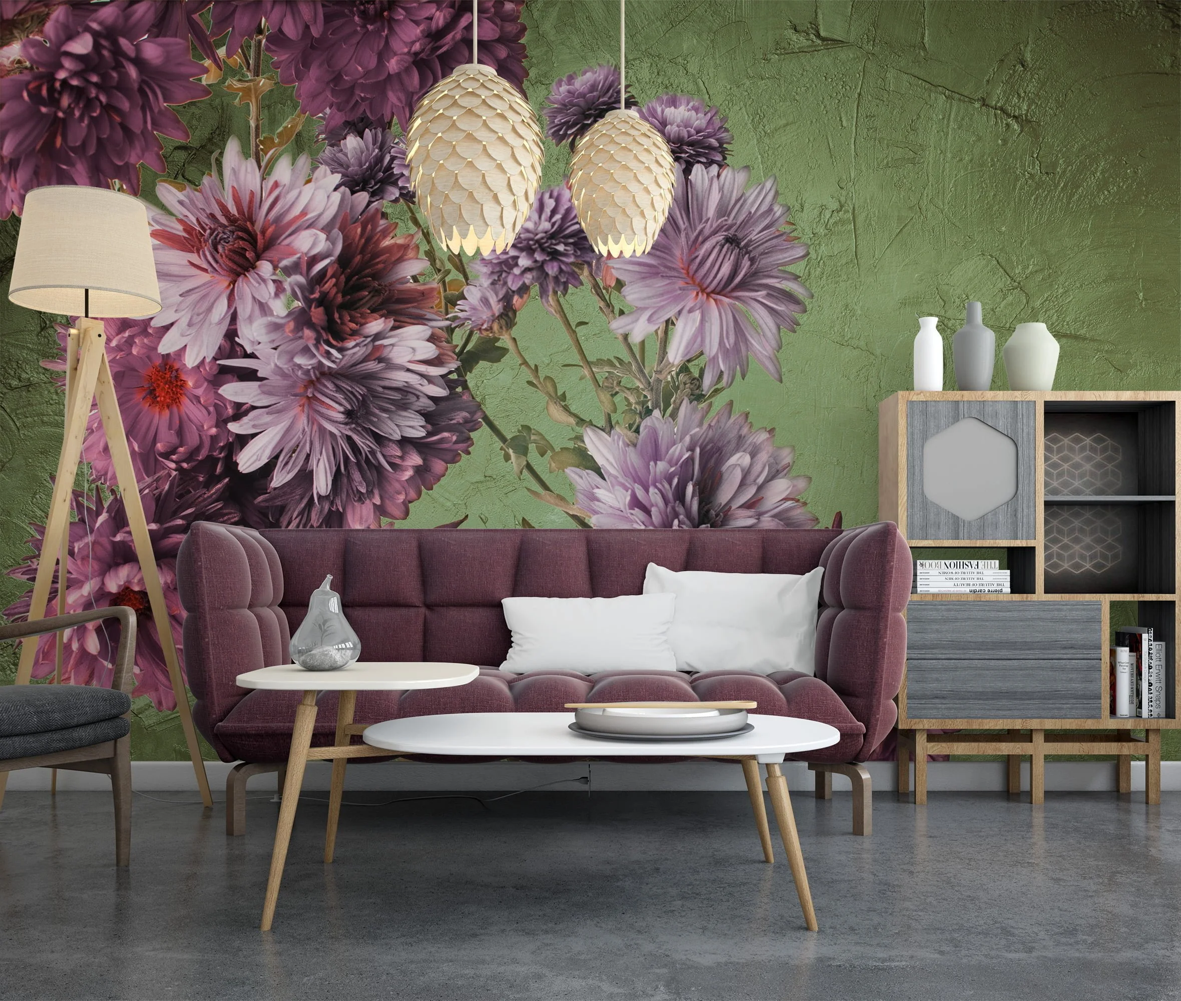 Majestic Purple Flowers on Green Background Wallpaper, Peel and Stick Self Adhesive Removable Wall Mural, Perfect for a Statement Wall