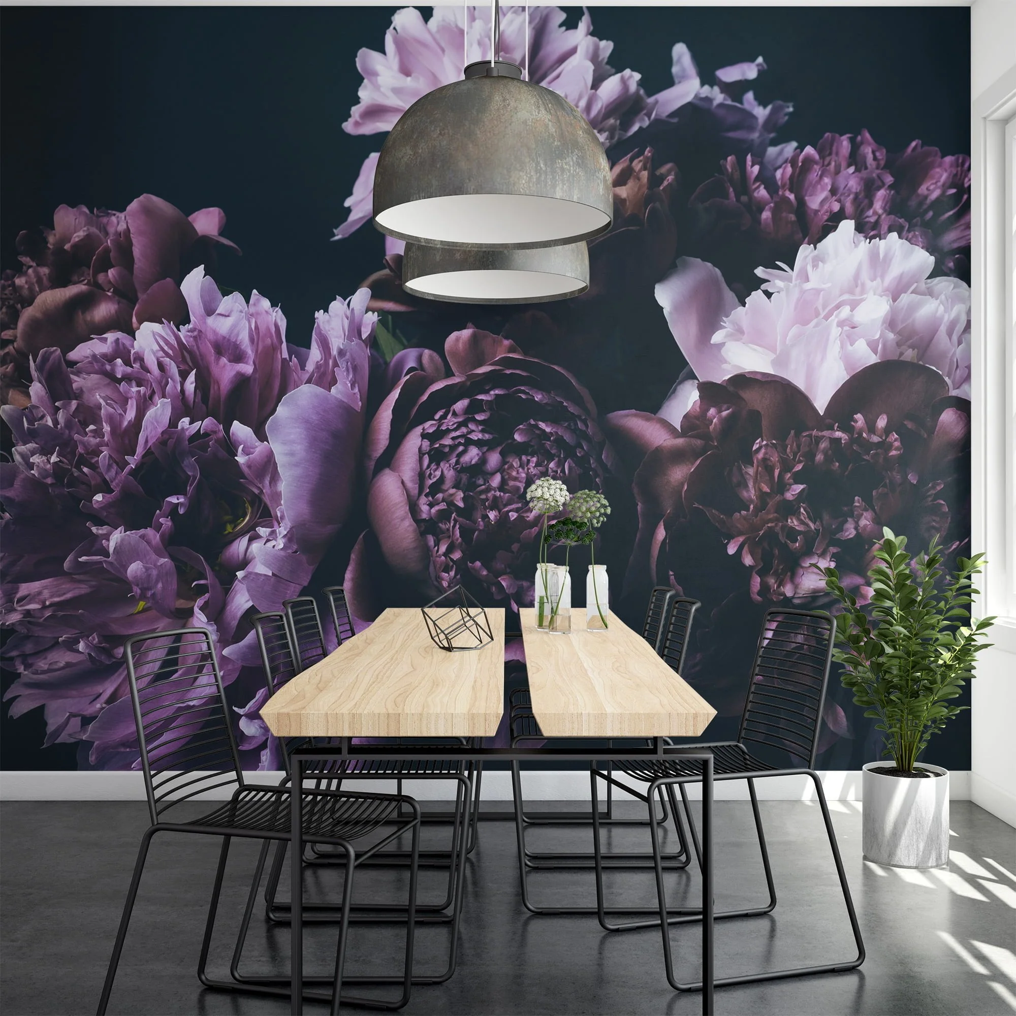 Elegant Large Violet Peonies on Black Background Wallpaper, Removable Self Adhesive Peel and Stick Wall Mural, Sophisticated Floral Print for a Modern Look