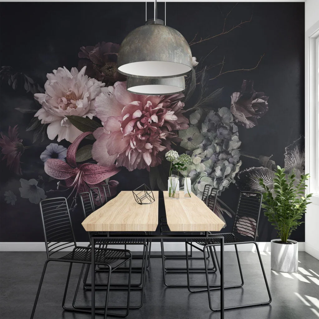 Pink Flowers With Dark Background Wallpaper, Romantic and Moody Peel and Stick Wall Mural, Self Adhesive Removable Wallpaper for a Glamorous and Luxe Bedroom